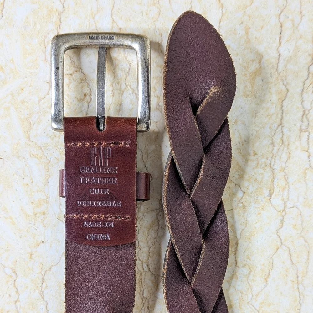 Vintage Gap Braided Dark Brown Leather Silver Tone Brass Buckle Belt Size L